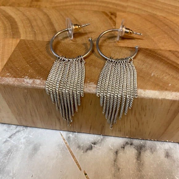 * hoop earrings fringe long dangle silver tone chain style open hoop disco - Picture 3 of 4